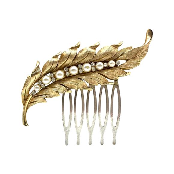 Gold Feather Bridal Hair CombHeirloom Vintage Jewelry Pearls Rhinestones